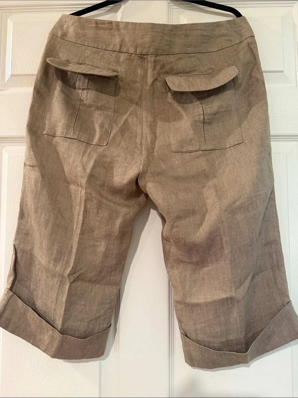 Tan Linen Capri Pants with Button Detail